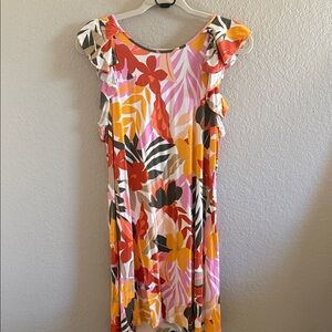 LOFT Vibrant Floral Midi Dress in Pink, Orange, and Red